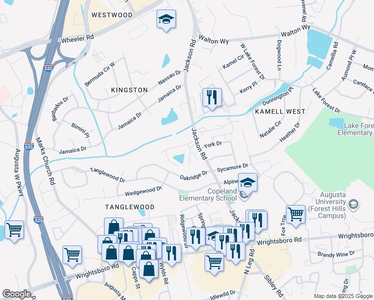 map of restaurants, bars, coffee shops, grocery stores, and more near 1355 Jackson Road in Augusta