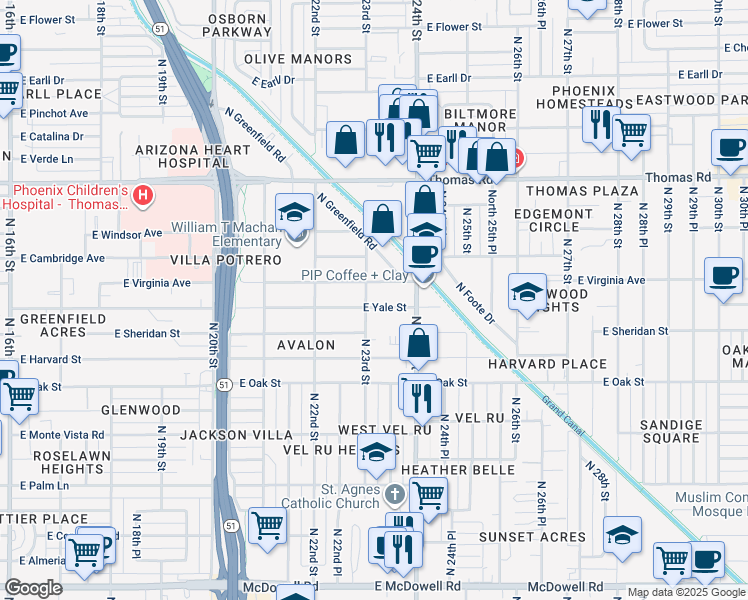 map of restaurants, bars, coffee shops, grocery stores, and more near 2305 East Yale Street in Phoenix