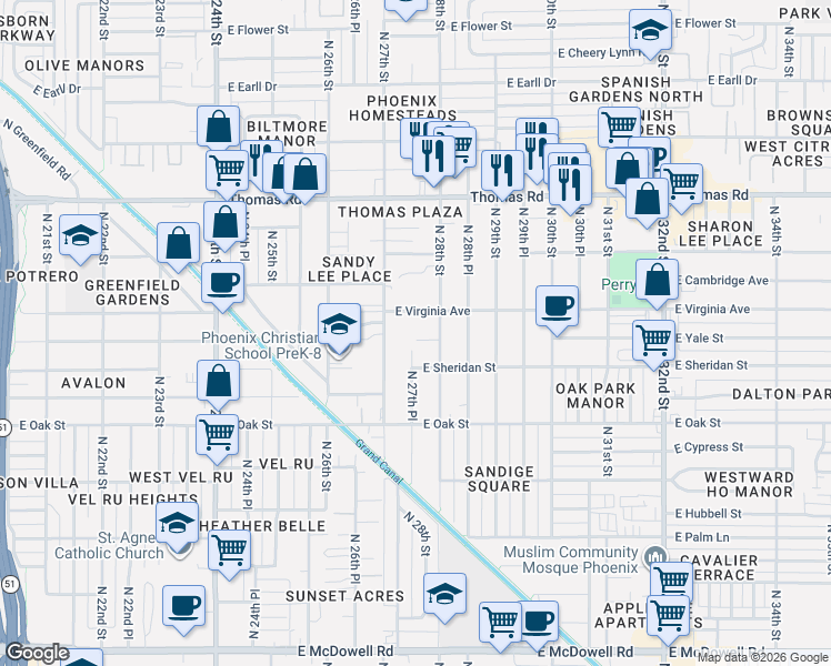 map of restaurants, bars, coffee shops, grocery stores, and more near 2518 North 27th Place in Phoenix