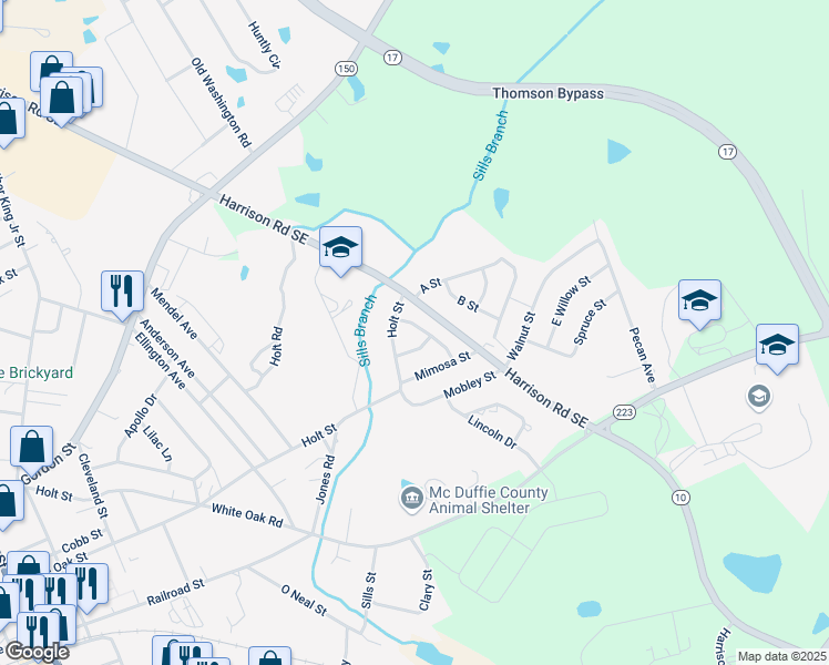 map of restaurants, bars, coffee shops, grocery stores, and more near 75 Poplar Street in Thomson