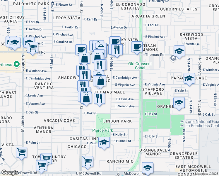 map of restaurants, bars, coffee shops, grocery stores, and more near 4601 East Wilshire Drive in Phoenix