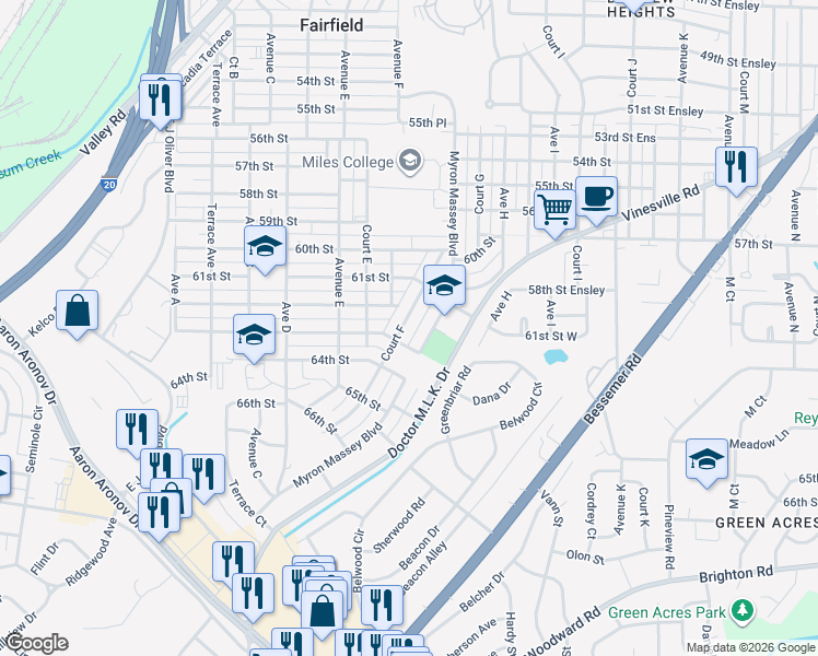map of restaurants, bars, coffee shops, grocery stores, and more near 6140 Court F in Fairfield