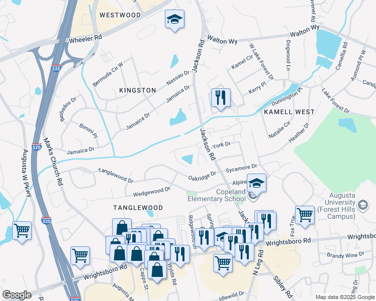 map of restaurants, bars, coffee shops, grocery stores, and more near 1355 Jackson Road in Augusta
