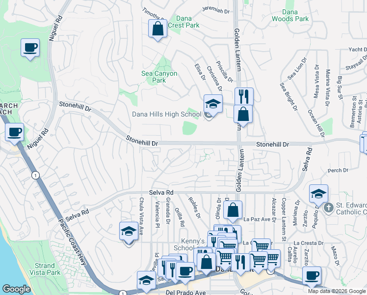map of restaurants, bars, coffee shops, grocery stores, and more near 24481 Lantern Hill Drive in Dana Point