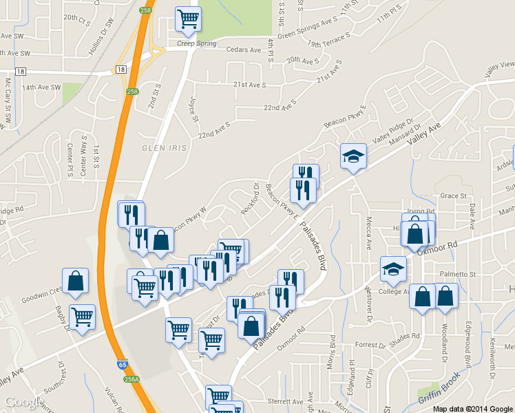 map of restaurants, bars, coffee shops, grocery stores, and more near 750 Rockhurst Drive in Birmingham