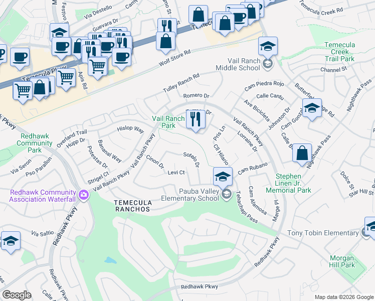 map of restaurants, bars, coffee shops, grocery stores, and more near 32984 Sotelo Drive in Temecula