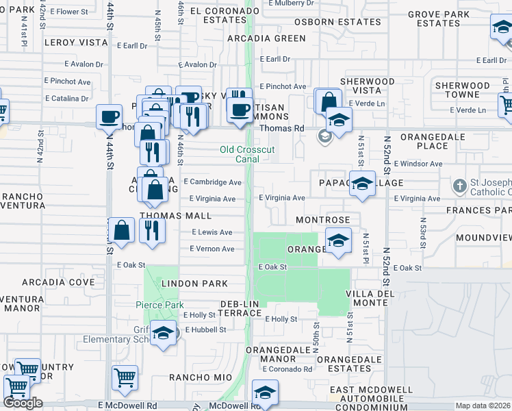 map of restaurants, bars, coffee shops, grocery stores, and more near 2515 North 48th Street in Phoenix