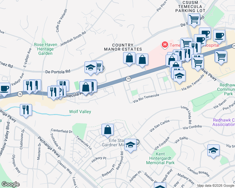 map of restaurants, bars, coffee shops, grocery stores, and more near 44770 Adam Lane in Temecula
