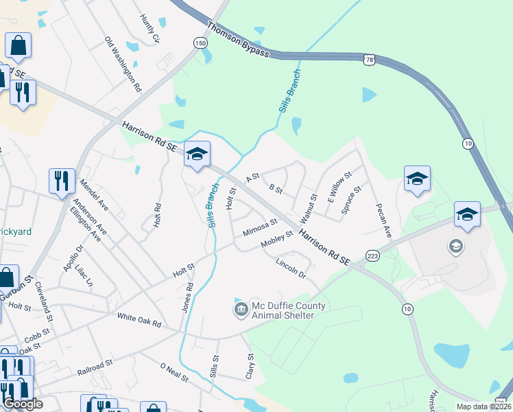 map of restaurants, bars, coffee shops, grocery stores, and more near 306A Sycamore Street in Thomson