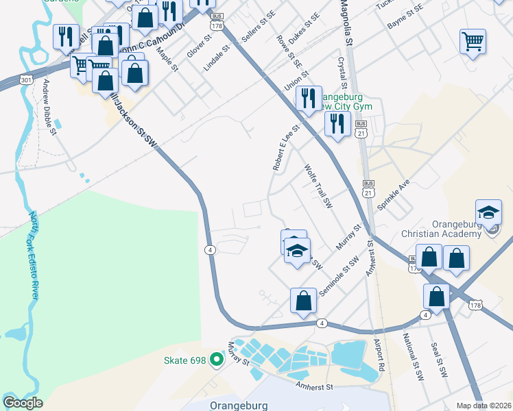 map of restaurants, bars, coffee shops, grocery stores, and more near 110 Hamp Chase Circle in Orangeburg