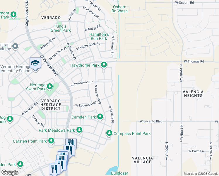 map of restaurants, bars, coffee shops, grocery stores, and more near 2553 North Beverly Place in Buckeye