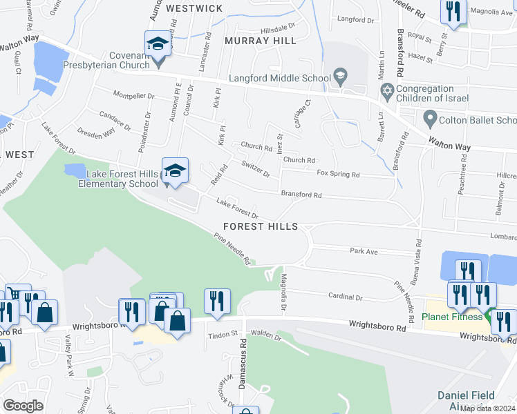 map of restaurants, bars, coffee shops, grocery stores, and more near 13 Lake Forest Court in Augusta