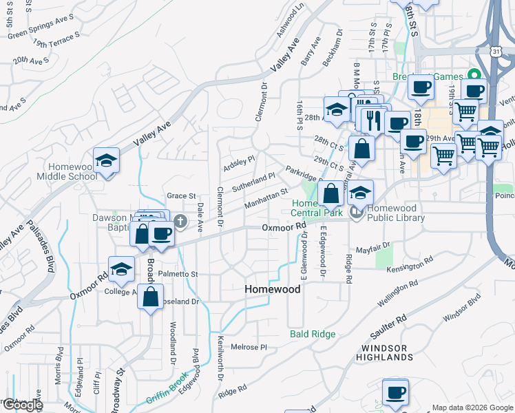 map of restaurants, bars, coffee shops, grocery stores, and more near 1509 Manhattan Street in Birmingham