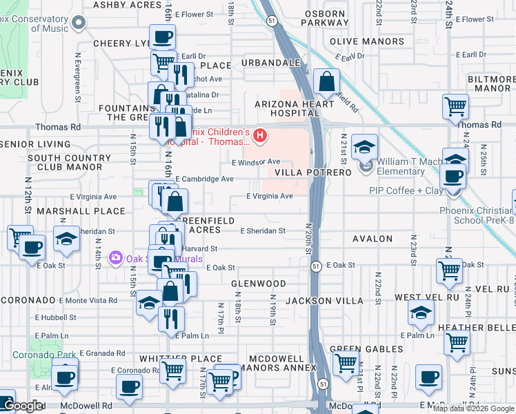 map of restaurants, bars, coffee shops, grocery stores, and more near 1821 East Yale Street in Phoenix