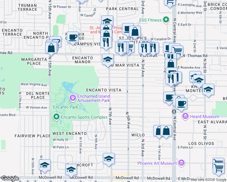 map of restaurants, bars, coffee shops, grocery stores, and more near 701 West Wilshire Drive in Phoenix