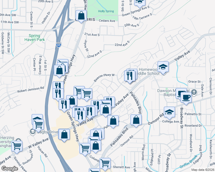 map of restaurants, bars, coffee shops, grocery stores, and more near 716 Rockford Drive in Birmingham