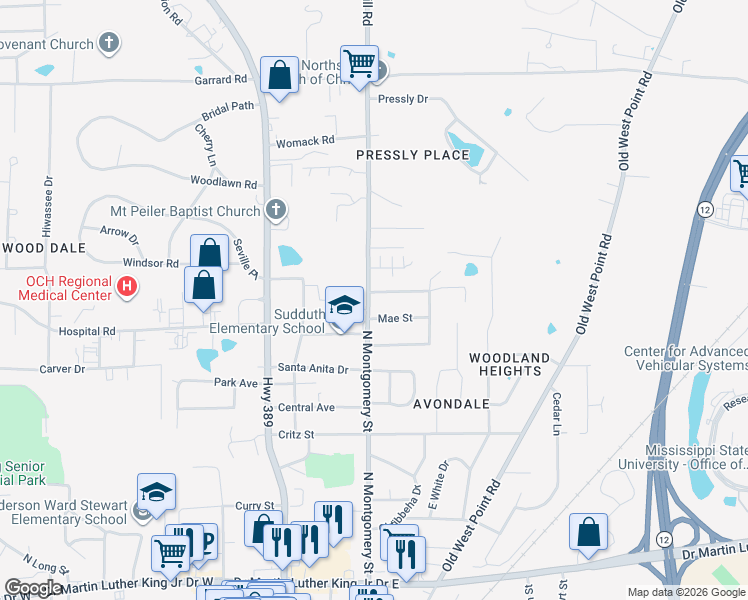 map of restaurants, bars, coffee shops, grocery stores, and more near 705 North Montgomery Street in Starkville