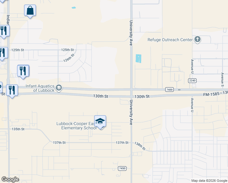 map of restaurants, bars, coffee shops, grocery stores, and more near 2501 130th Street in Lubbock