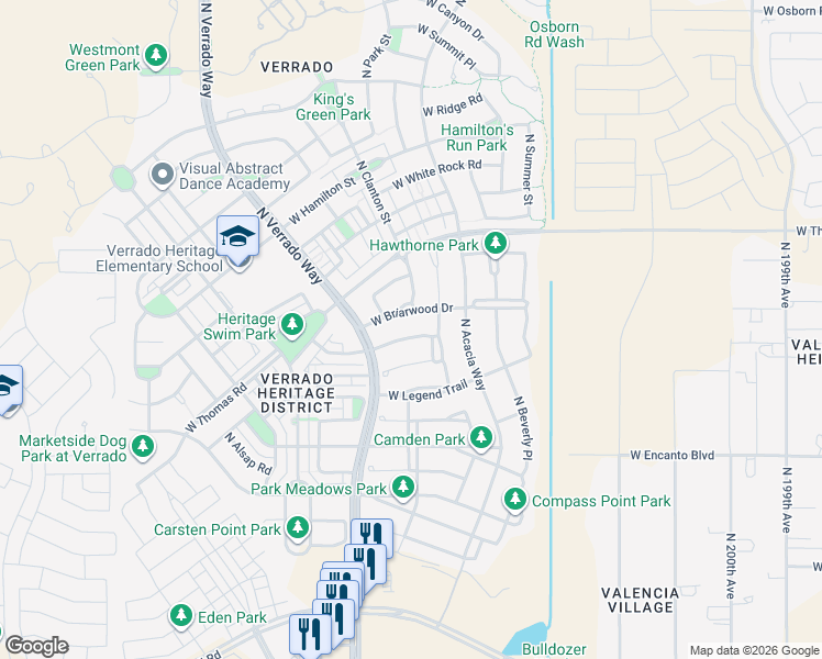 map of restaurants, bars, coffee shops, grocery stores, and more near 2570 North Springfield Street in Buckeye