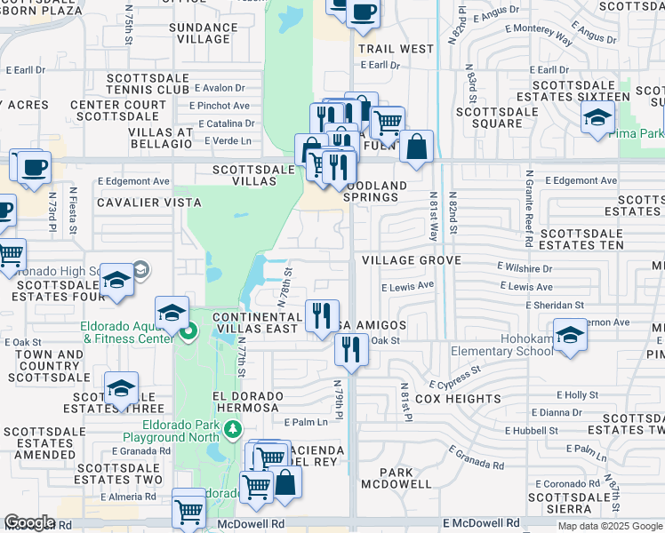 map of restaurants, bars, coffee shops, grocery stores, and more near 2500 North Hayden Road in Scottsdale