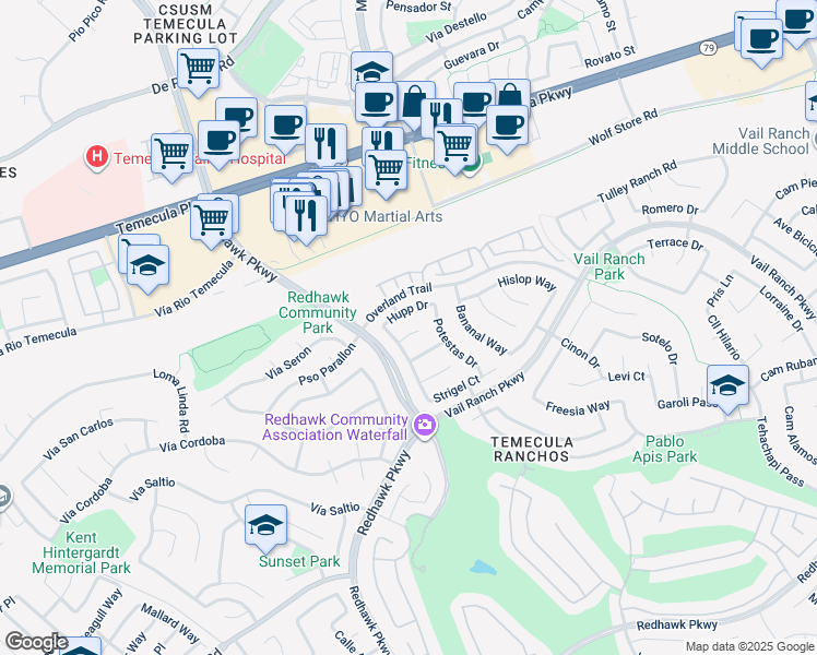 map of restaurants, bars, coffee shops, grocery stores, and more near 32470 Akes Pass in Temecula