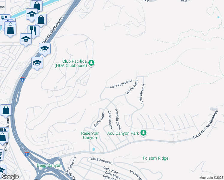 map of restaurants, bars, coffee shops, grocery stores, and more near 33595 Via De Agua in San Juan Capistrano