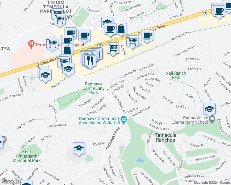 map of restaurants, bars, coffee shops, grocery stores, and more near 44808 Linalou Ranch Road in Temecula