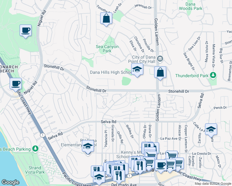 map of restaurants, bars, coffee shops, grocery stores, and more near 24451 Lantern Hill Drive in Dana Point