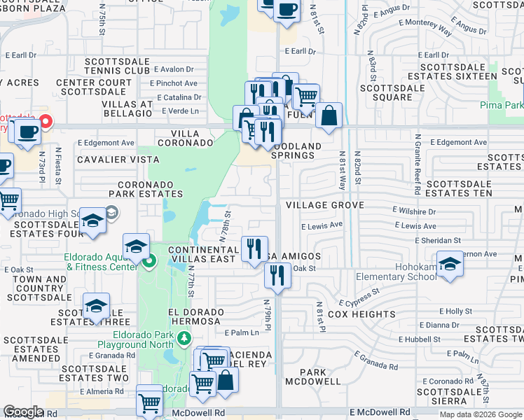 map of restaurants, bars, coffee shops, grocery stores, and more near 2500 North Hayden Road in Scottsdale