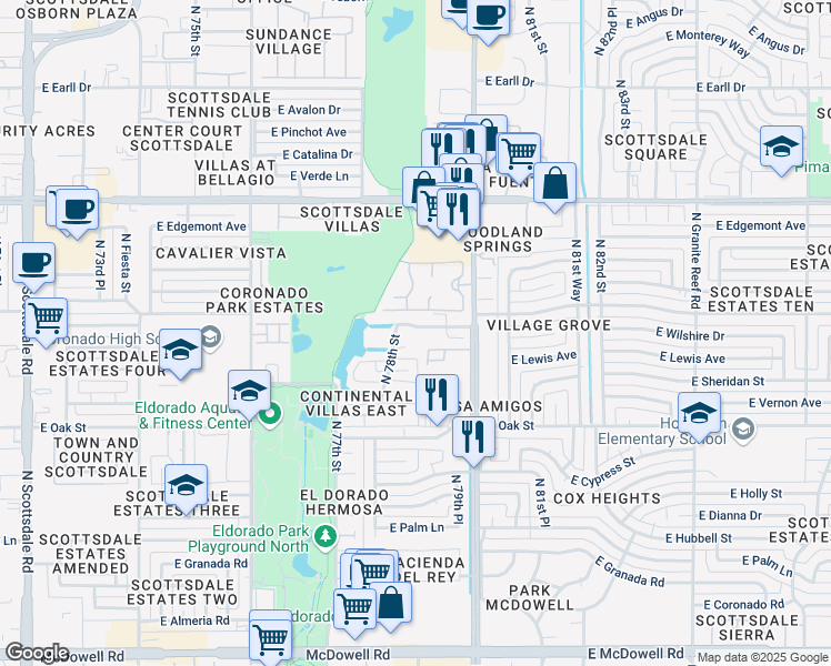 map of restaurants, bars, coffee shops, grocery stores, and more near 2500 North Hayden Road in Scottsdale