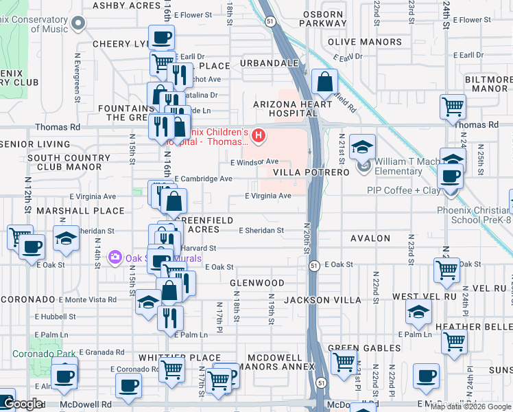 map of restaurants, bars, coffee shops, grocery stores, and more near 1821 East Yale Street in Phoenix