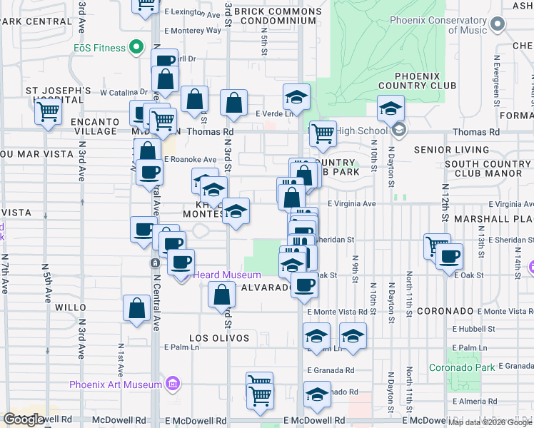 map of restaurants, bars, coffee shops, grocery stores, and more near 502 E Sheridan St in Phoenix