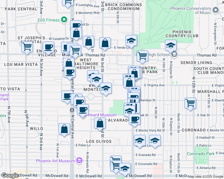 map of restaurants, bars, coffee shops, grocery stores, and more near 333 East Virginia Avenue in Phoenix