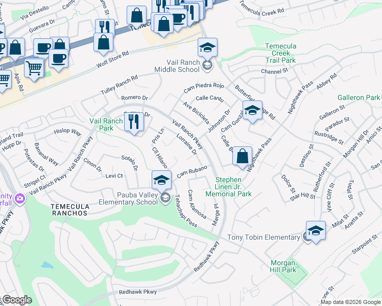 map of restaurants, bars, coffee shops, grocery stores, and more near 44725 Lorraine Drive in Temecula