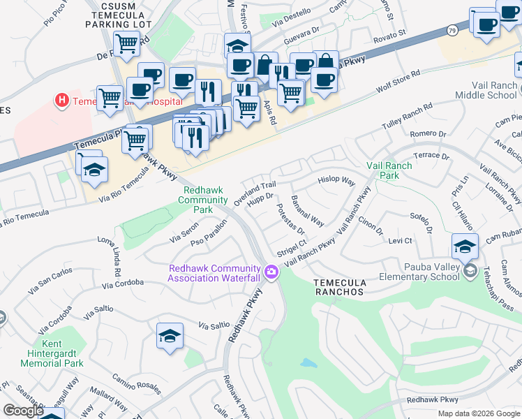 map of restaurants, bars, coffee shops, grocery stores, and more near 32470 Akes Pass in Temecula