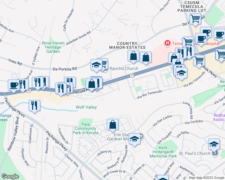 map of restaurants, bars, coffee shops, grocery stores, and more near 31283 Taylor Lane in Temecula