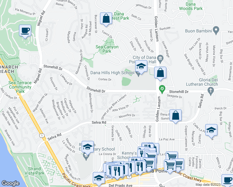 map of restaurants, bars, coffee shops, grocery stores, and more near 24382 Lantern Hill Drive in Dana Point