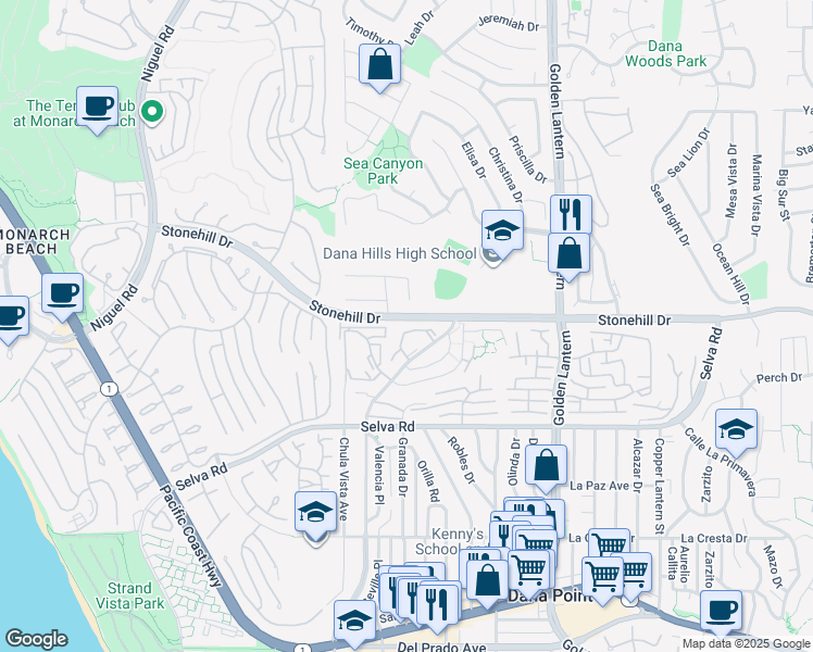 map of restaurants, bars, coffee shops, grocery stores, and more near 24382 Lantern Hill Drive in Dana Point