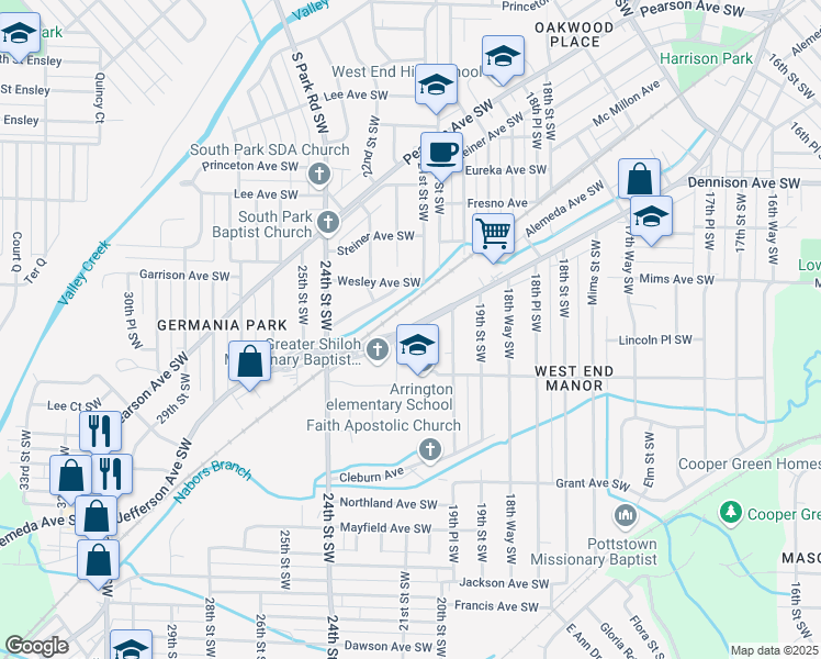 map of restaurants, bars, coffee shops, grocery stores, and more near 2013 Jefferson Avenue Southwest in Birmingham