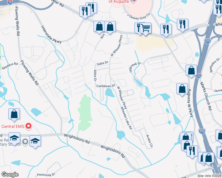 map of restaurants, bars, coffee shops, grocery stores, and more near 5019 Wheeler Lake Road in Augusta