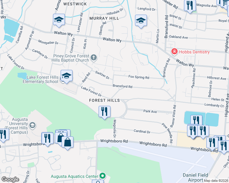 map of restaurants, bars, coffee shops, grocery stores, and more near 3051 Lake Forest Drive in Augusta