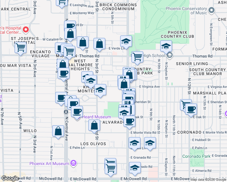 map of restaurants, bars, coffee shops, grocery stores, and more near 337 East Virginia Avenue in Phoenix