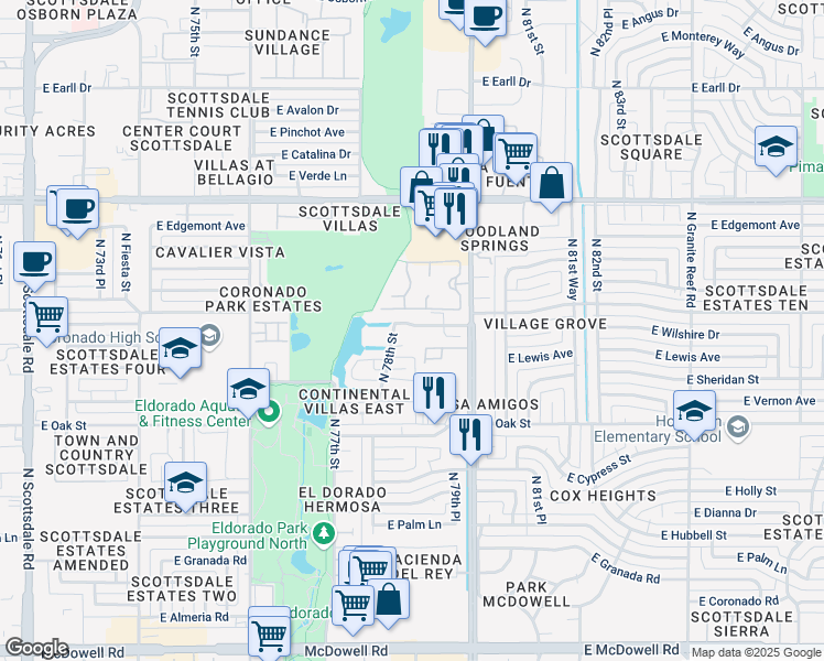 map of restaurants, bars, coffee shops, grocery stores, and more near 2500 North Hayden Road in Scottsdale
