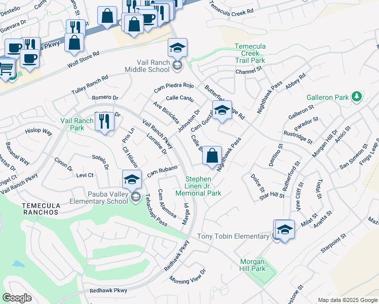 map of restaurants, bars, coffee shops, grocery stores, and more near 44756 Corte Gutierrez in Temecula