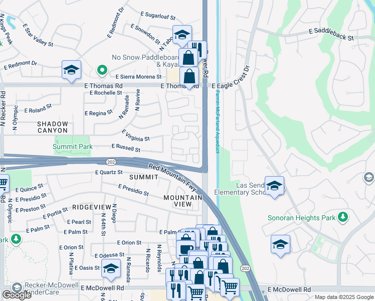 map of restaurants, bars, coffee shops, grocery stores, and more near 3338 North Sunaire in Mesa