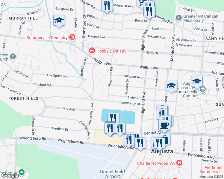 map of restaurants, bars, coffee shops, grocery stores, and more near 2843 Helen Street in Augusta