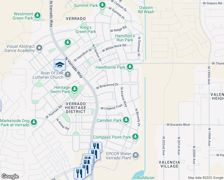 map of restaurants, bars, coffee shops, grocery stores, and more near 2570 North Springfield Street in Buckeye