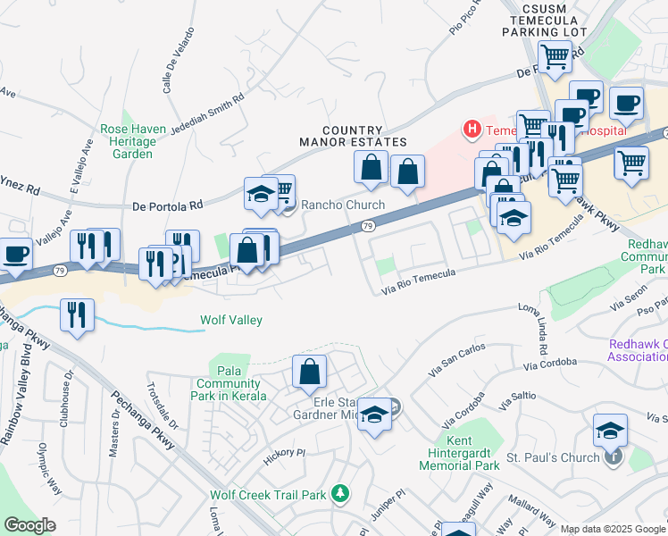 map of restaurants, bars, coffee shops, grocery stores, and more near 44764 Adam Lane in Temecula