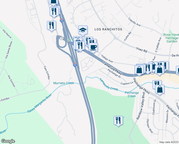 map of restaurants, bars, coffee shops, grocery stores, and more near 30030 Pechanga Drive in Temecula