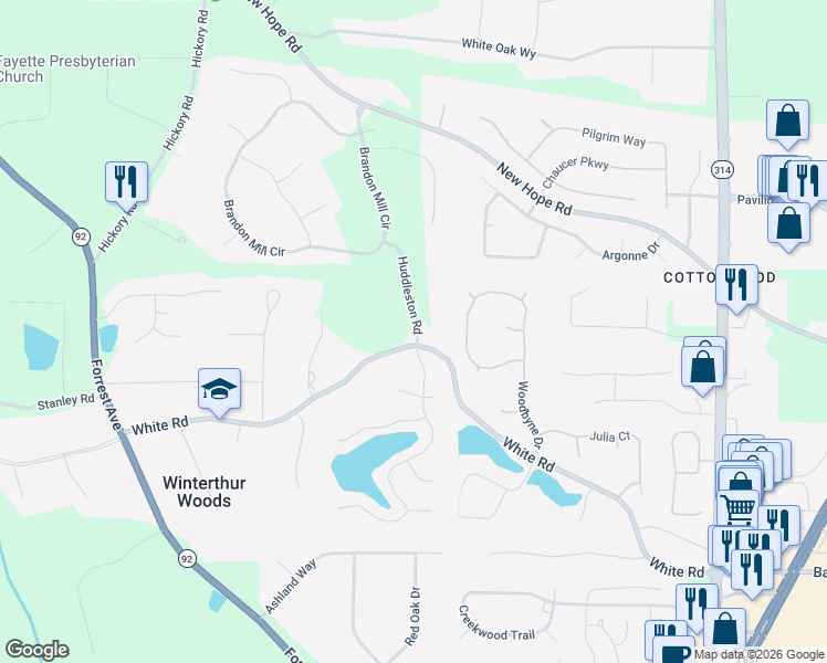 map of restaurants, bars, coffee shops, grocery stores, and more near 235 White Road in Fayetteville
